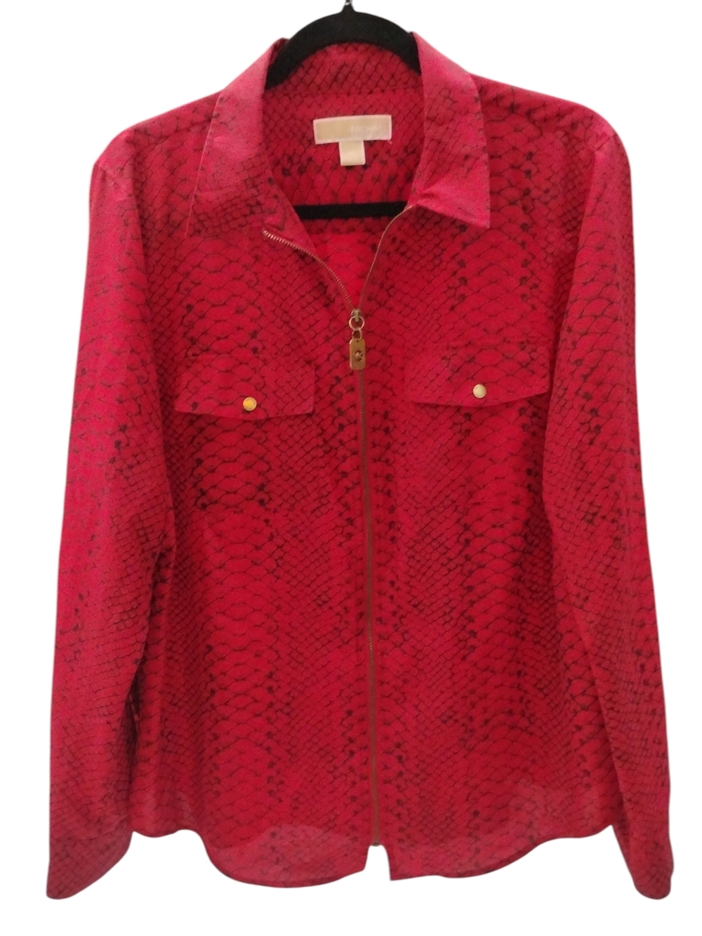 Michael Kors Red Snakeskin-Print Zip Front Blouse SZ XL